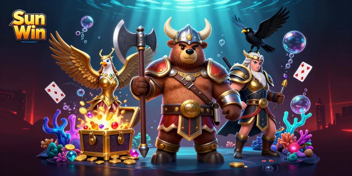 Engage in epic gaming adventures with Sun Win as Viking characters and treasure abound in vibrant 3D illustration.
