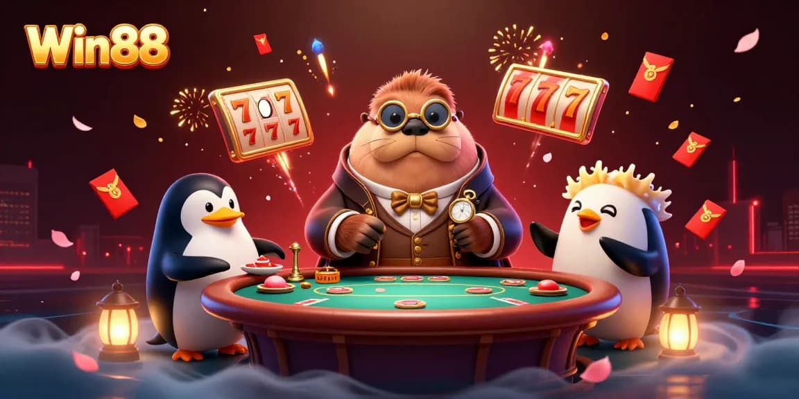 Win88 features an underwater poker game with a jolly walrus, penguin dealer, and bluffing pufferfish.