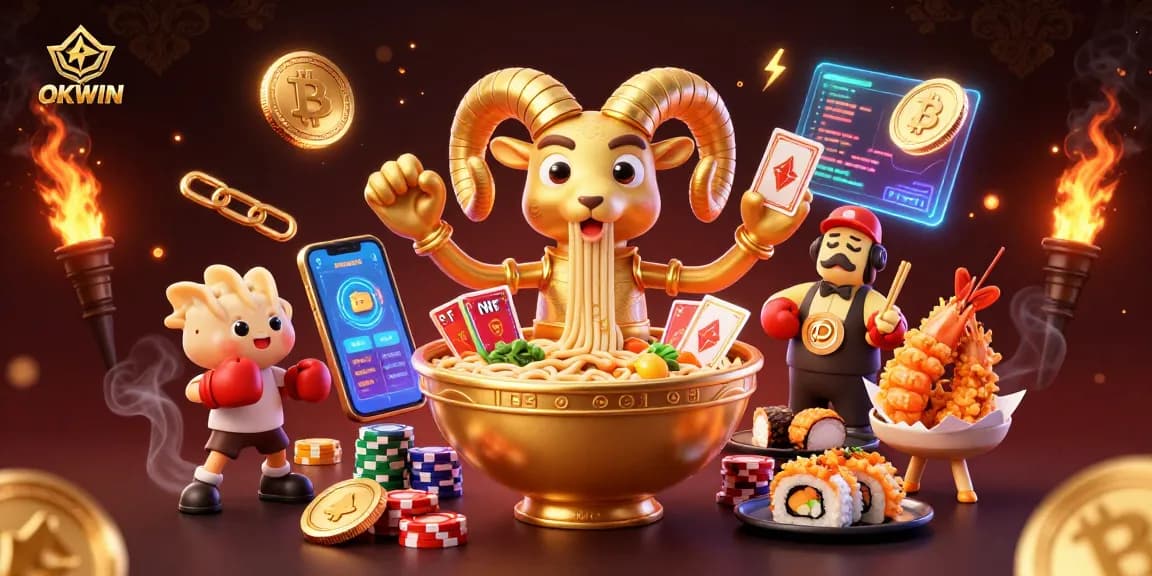 OKWIN showcases a vibrant online casino scene with animated characters and cryptocurrency elements.