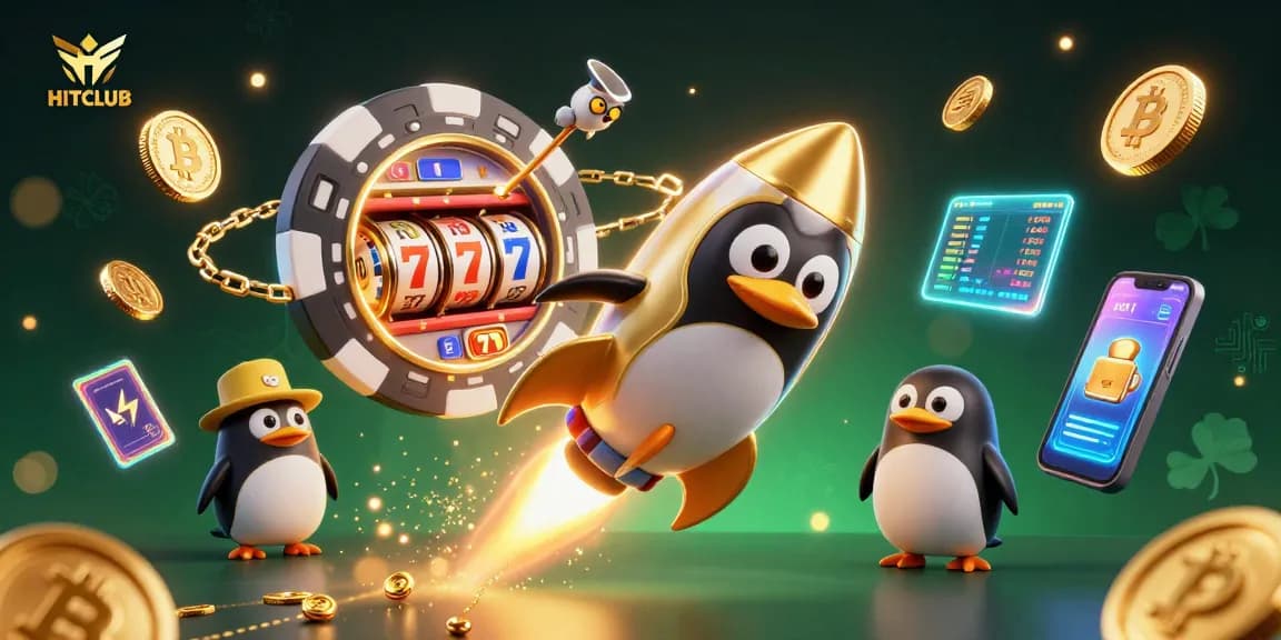 Spin the reels at HITCLUB with vibrant 3D visuals of a golden penguin and crypto elements.
