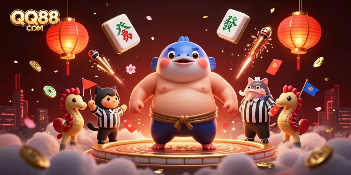 Experience the thrill of QQ88 COM in a lively underwater casino scene with a fugu character, celebrating victories.