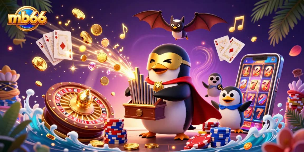 Experience mb66's thrilling casino adventure with a 3D penguin organist amidst coins and games.