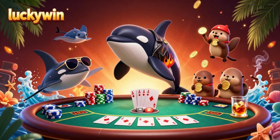 Experience thrilling gameplay with luckywin as cartoon characters celebrate around a vibrant poker table.