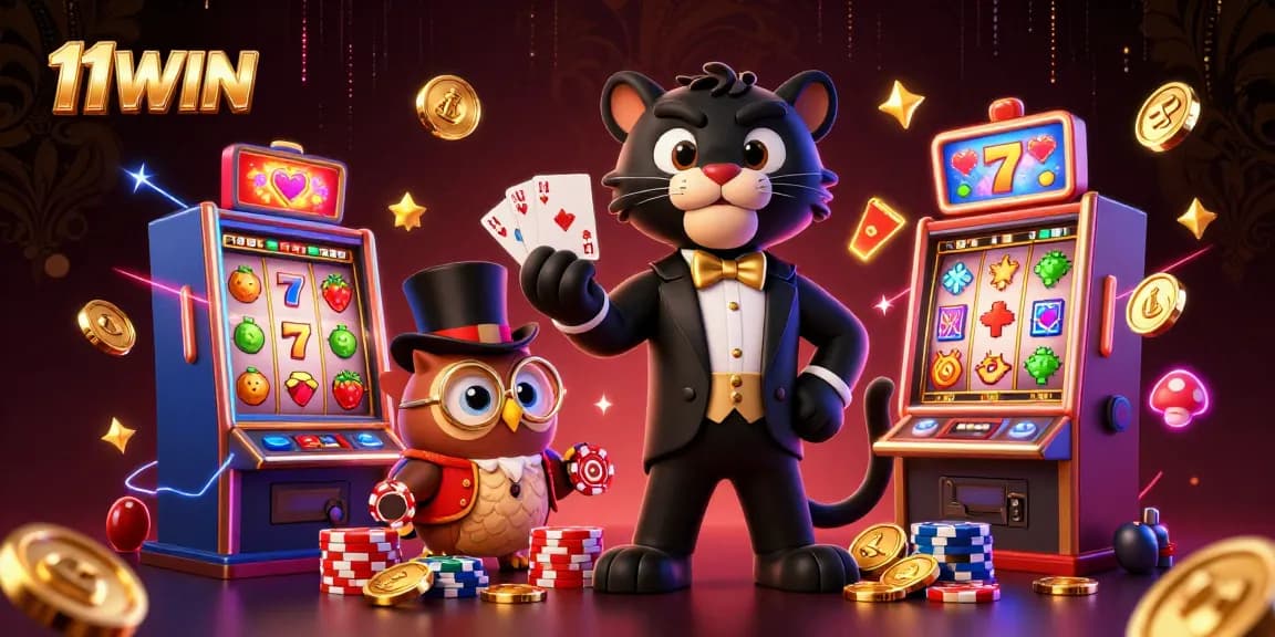 Experience vibrant gameplay with 11WIN, featuring a stylish panther and friends in a dynamic casino scene.