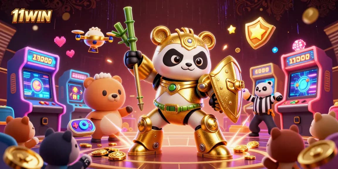 Join 11WIN for an immersive gambling experience featuring a dynamic panda piloting a robot in a vibrant casino arena.