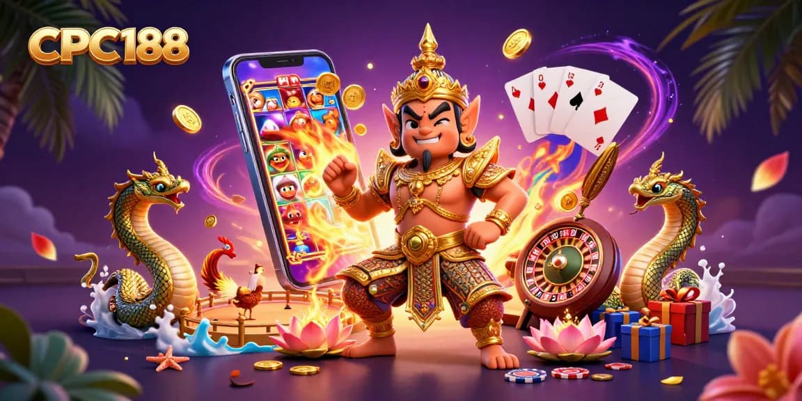 CPC188 showcases a vibrant 3D scene of cockfighting action with colorful slot games and treasure elements.