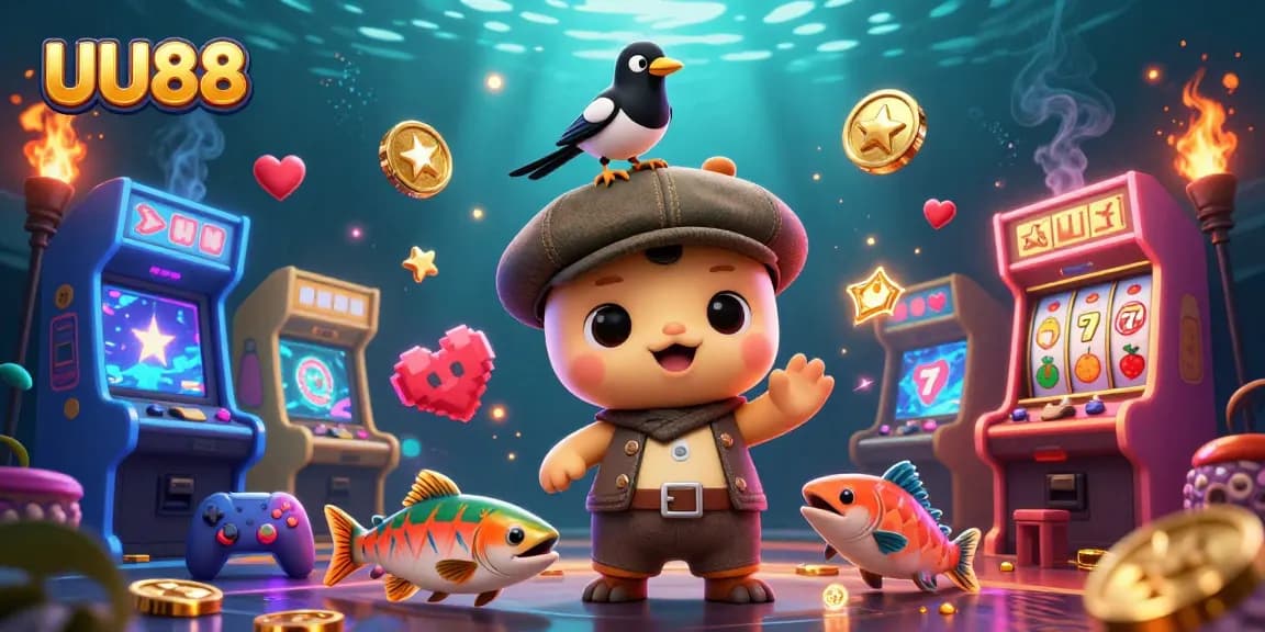 Experience the excitement at UU88 with a vibrant casino-themed 3D illustration featuring playful characters and gaming elements.