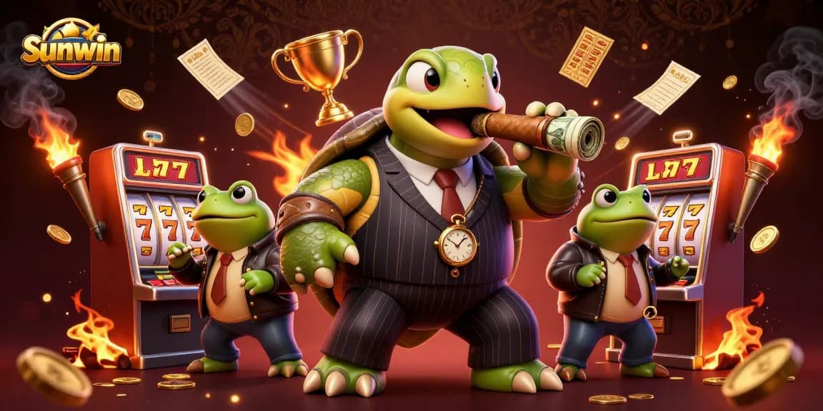 Engage in thrilling Sunwin gaming with a 3D turtle mobster and frog enforcers amid winning slot machines.