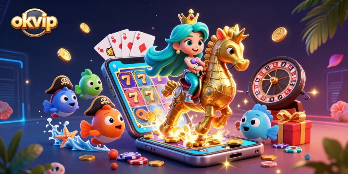 Experience thrill and fun with okvip's vibrant gaming scene featuring a mermaid princess and dynamic casino elements.