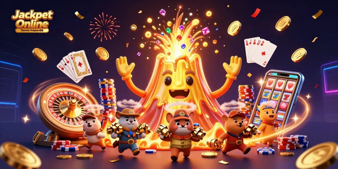 Experience the excitement of Jackpot Online Taruhan Togel88 with a triumphant volcano and treasure-filled adventure.