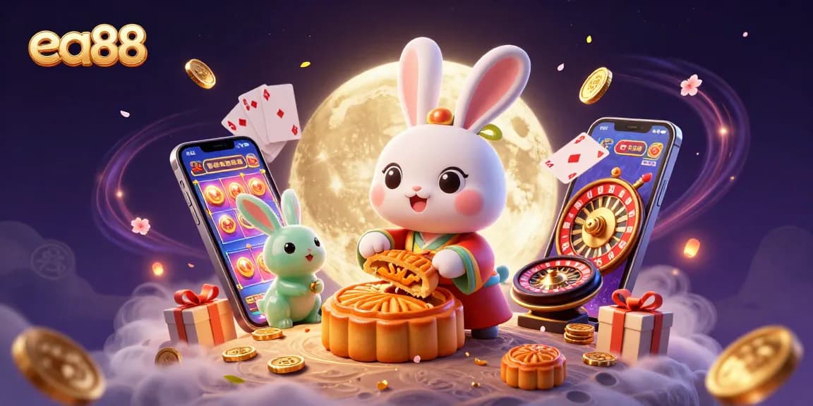 ea88 features a moon rabbit pounding golden mooncakes revealing poker chips in an enchanting casino scene.