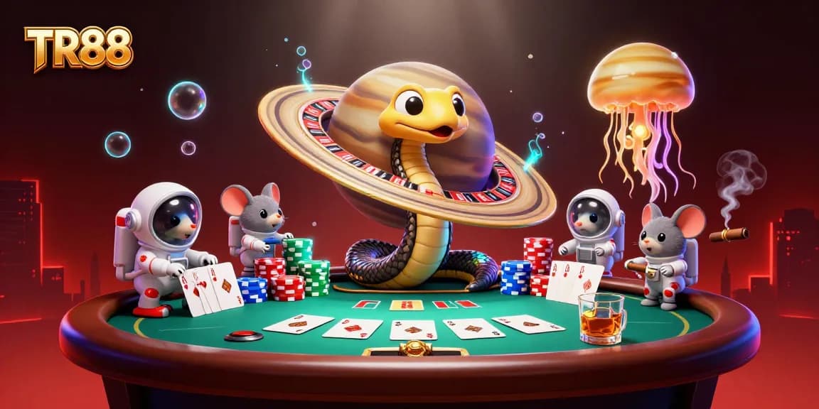Experience TR88 excitement with a cosmic dealer in this vibrant casino scene.