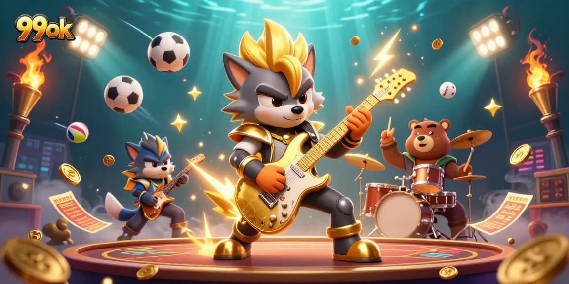 Engage with 99ok's thrilling casino atmosphere featuring rock star wolf and energetic bear.