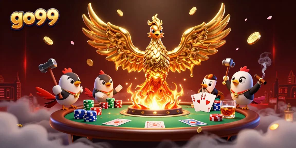 Engage in the thrill of go99 as a molten golden phoenix rises among vibrant poker elements.