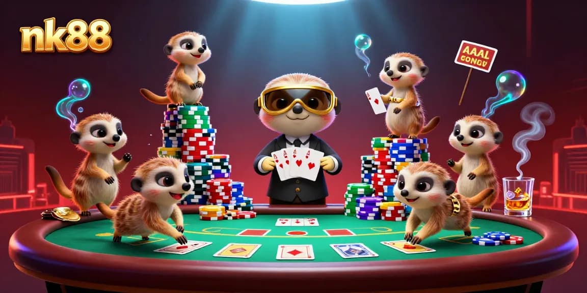 Experience exciting gaming at nk88 with meerkats running a bustling casino, showcasing vibrant poker action.