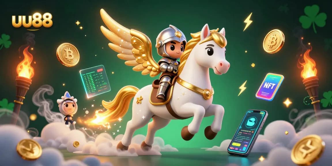 Spin and win at uu88, featuring a celestial horse and crypto coins in a vibrant casino adventure.
