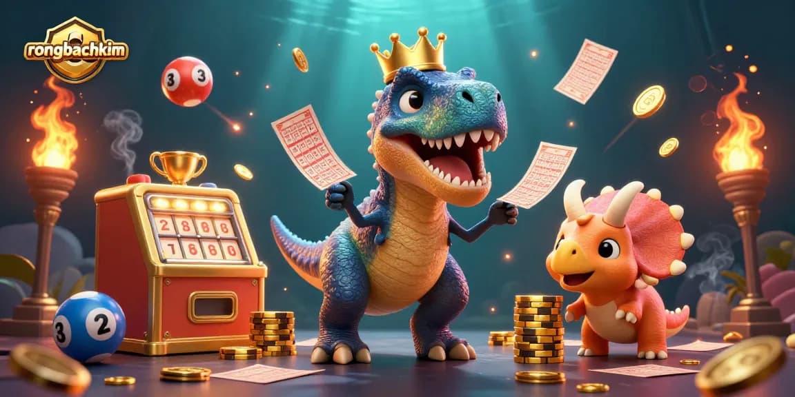 rongbachkim showcases a fun cartoon lottery scene with colorful characters and dynamic elements.