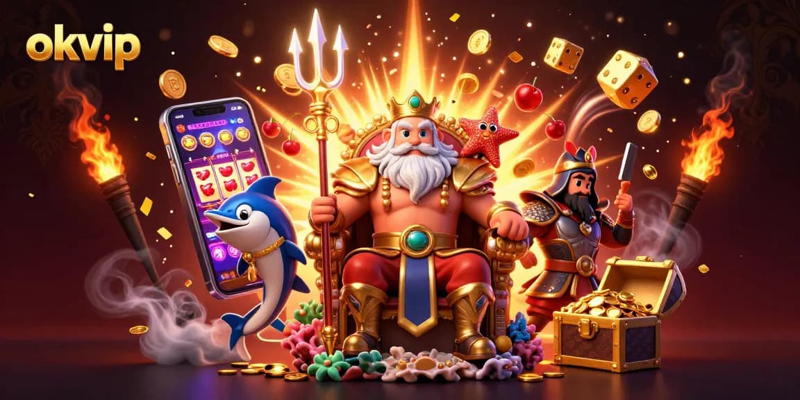 Engage with okvip's interactive gaming experience featuring Neptune and vibrant casino elements.