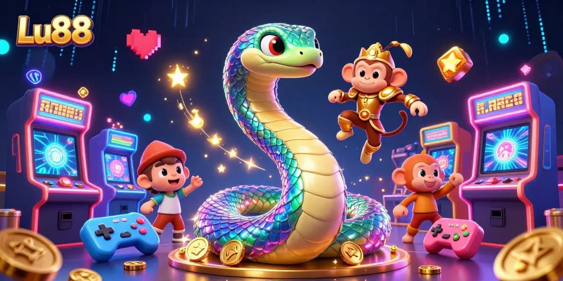 Lu88 offers dynamic gaming experiences as a colorful rainbow serpent and monkey king play amid arcade vibes.
