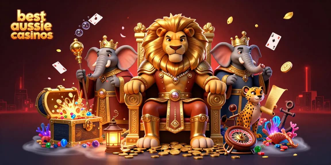 Experience the best aussie online casinos with a vibrant scene featuring a roaring lion king and gambling elements.