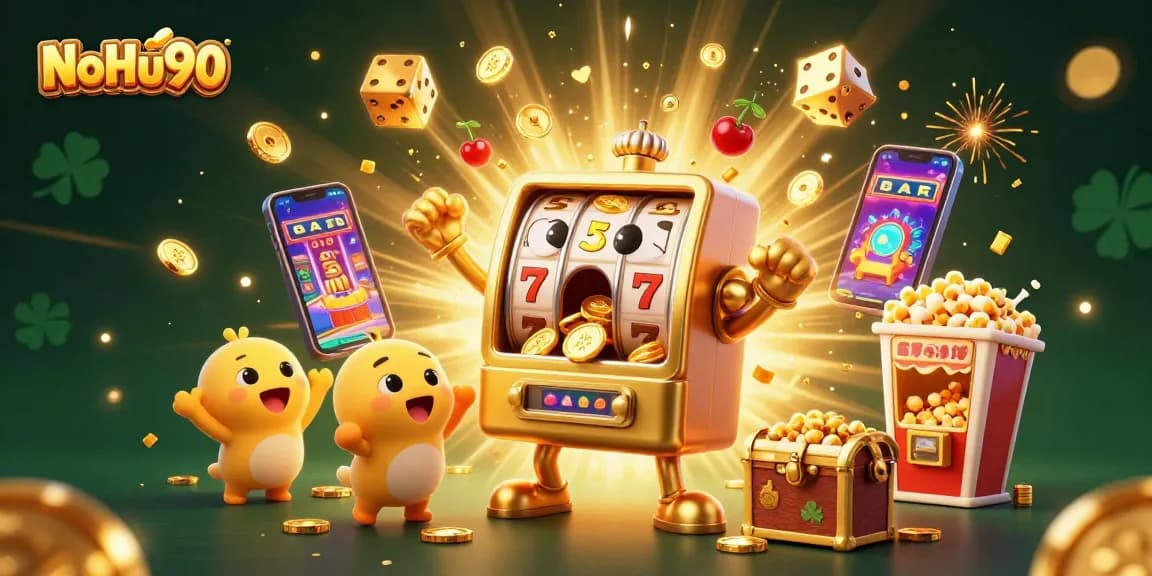 Get ready to win big at NoHu90 with a lively jackpot celebration, featuring animated slot machines and shimmering coins!
