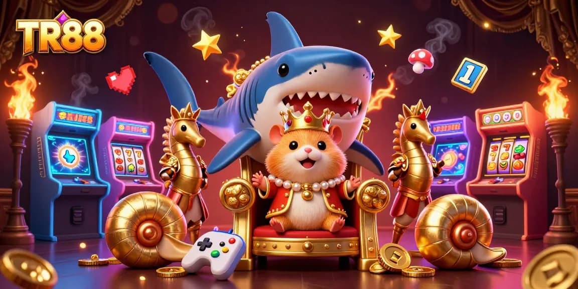 Engage in thrilling wins at TR88 with the golden hamster king and casino-themed gaming elements.