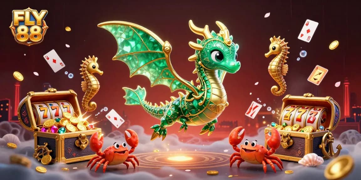 FLY 88 showcases a vibrant 3D casino scene featuring a treasure chest amid slot elements, immersing players in excitement.