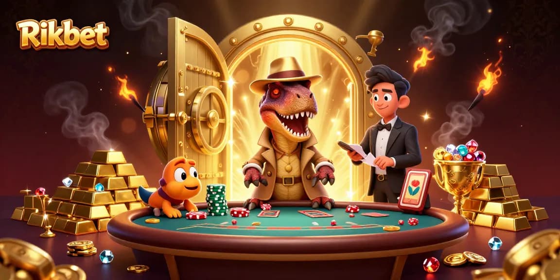 Rikbet casino scene with a velociraptor card counter amid gold treasures and casino elements.