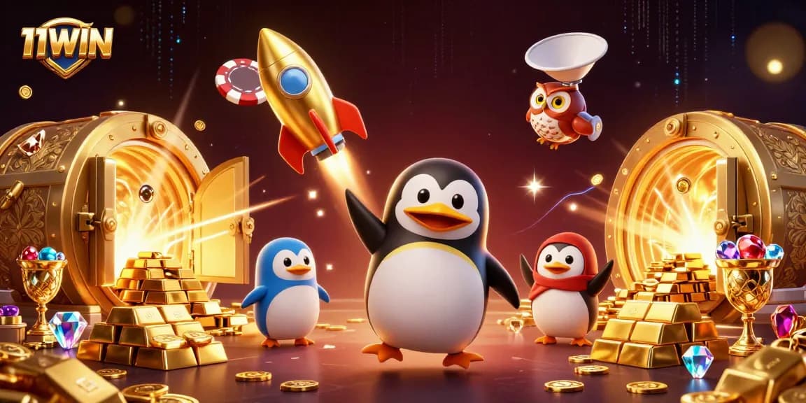 11WIN showcases a vibrant 3D scene with a golden penguin in a cosmic casino adventure.