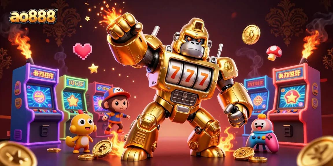 Engage with thrilling games at ao888, featuring a golden mech and arcade elements in an action-packed 3D illustration.