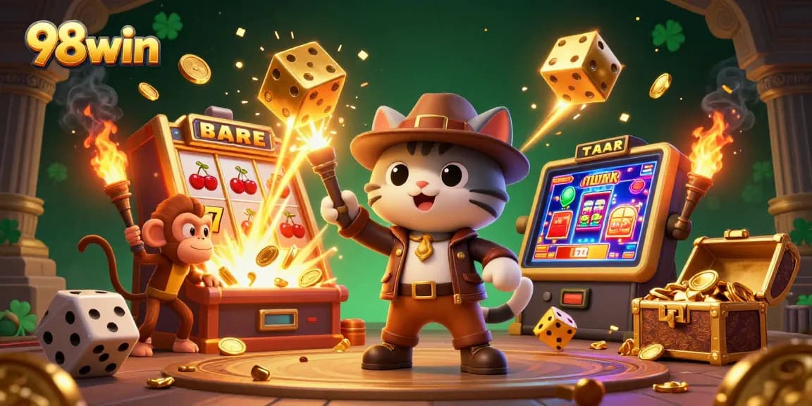 Join the thrill of 98win's casino with a cat archaeologist discovering golden treasures amidst a thrilling jackpot.