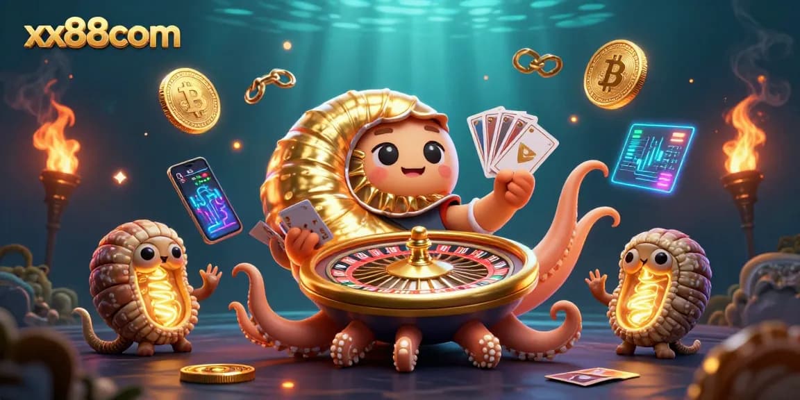 Experience play at xx88com with a vibrant 3D casino scene showcasing ancient designs and crypto elements.