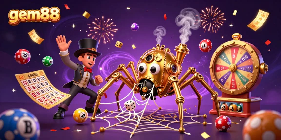Exciting gem88 casino scene featuring a whimsical spider web of gold and dice, vibrant lottery balls, and festive elements.