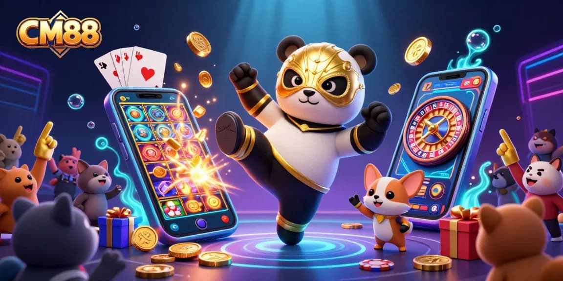 Experience the excitement of CM88 with a vibrant scene featuring a wrestling panda and dynamic casino elements.