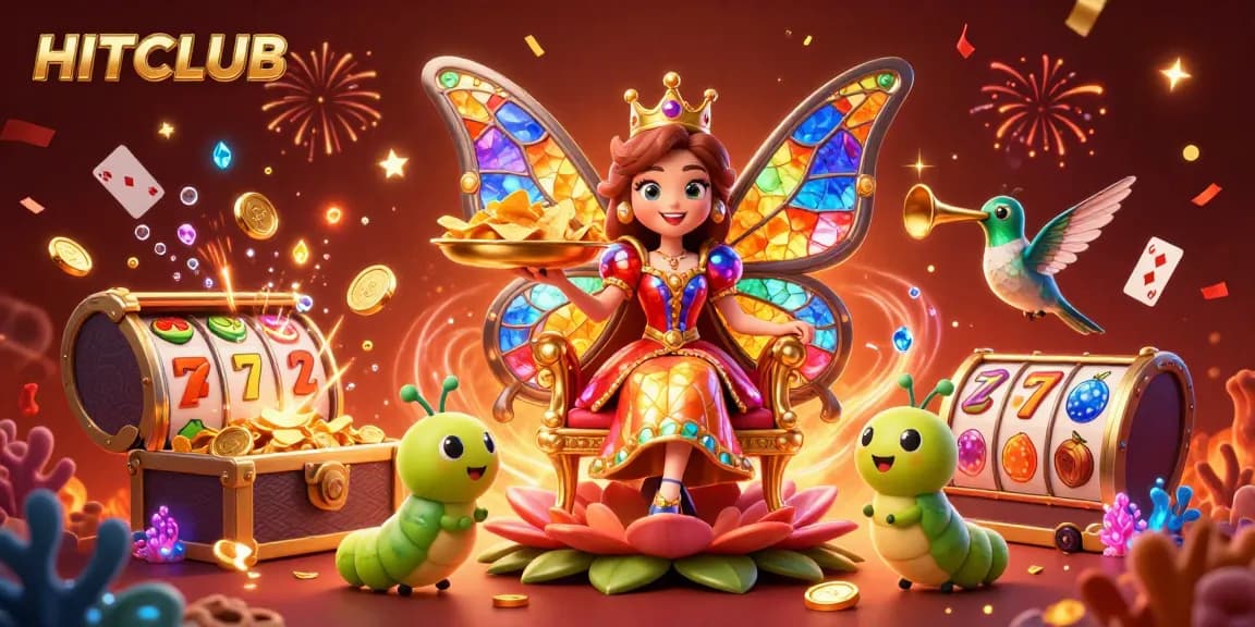 Engage with HITCLUB’s vibrant casino experience featuring a butterfly queen and festive gaming elements.