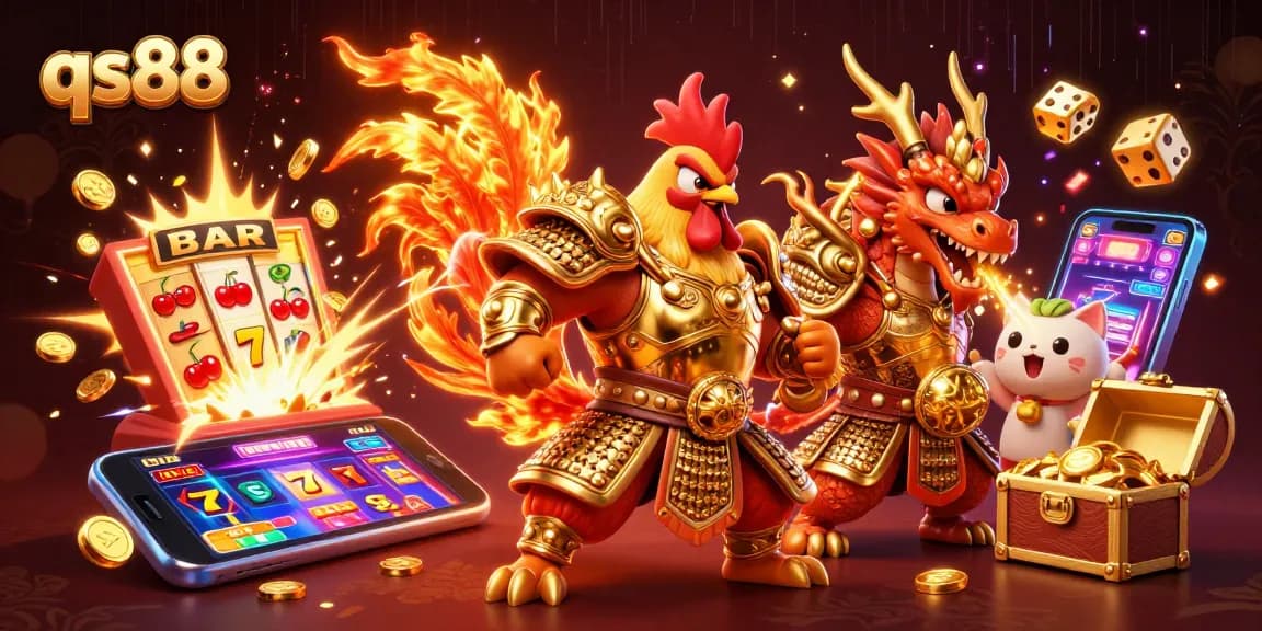 qs88 captivating image showcasing an armored rooster warrior, dragon hatchling, and fortune cat in a vibrant casino scene.