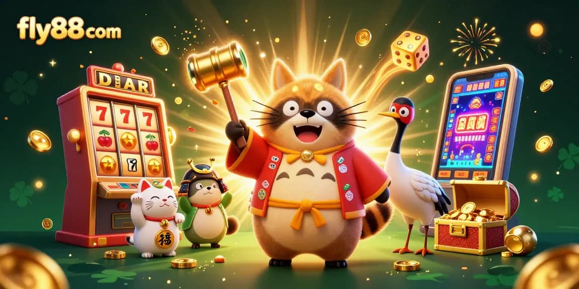 Experience the excitement with fly88 com's vibrant illustration featuring a lucky tanuki and jackpot symbols.