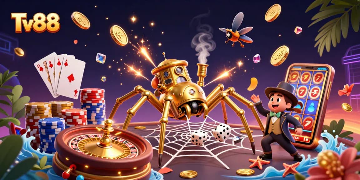 Engage with thrilling casino action at Tv88 featuring a golden spider and Victorian fly amidst dynamic game elements.