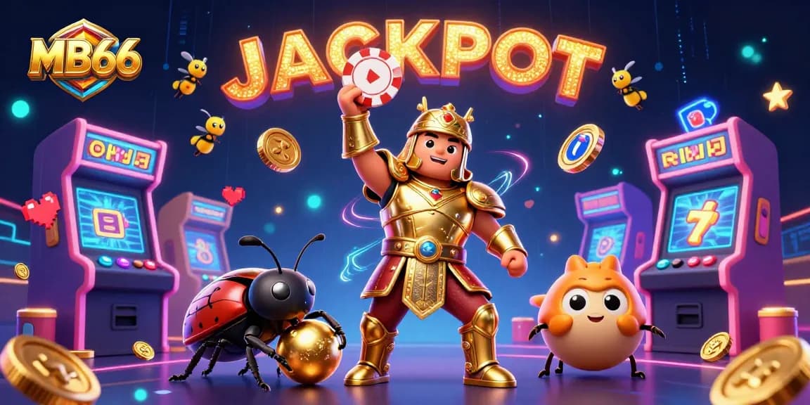 Experience victory at MB66 with a golden poker chip lifted by a heroic beetle and gaming elements swirling around.