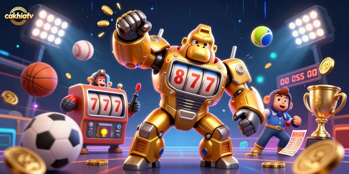 Celebrate thrilling sports betting action with cakhiatv featuring a dynamic gorilla mech and exploding golden coins.