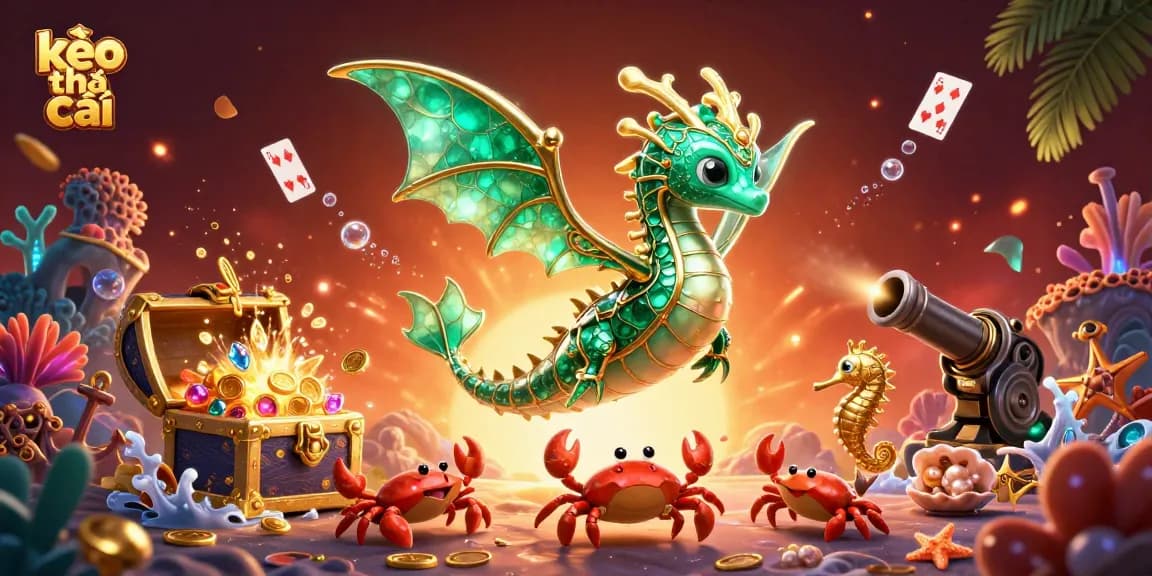 Experience vibrant kèo nhà cái action with an emerald sea dragon guarding treasures in a dynamic casino scene.
