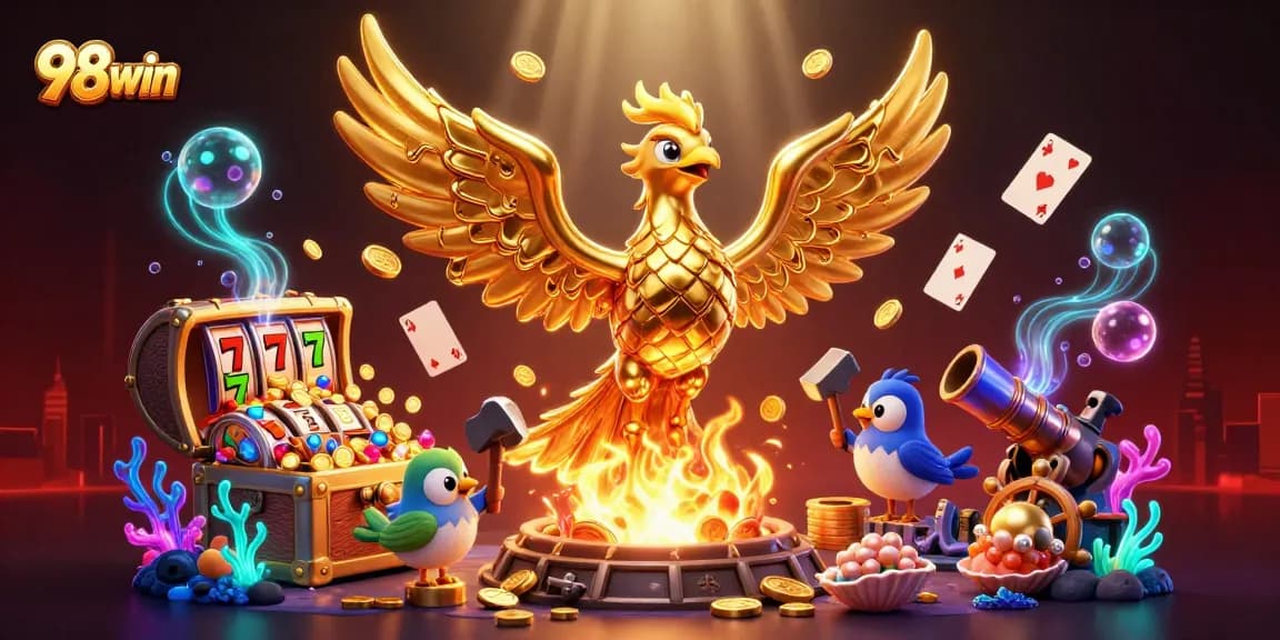 Engage with 98win's thrilling online gaming experience featuring a dynamic phoenix and jackpot scene.