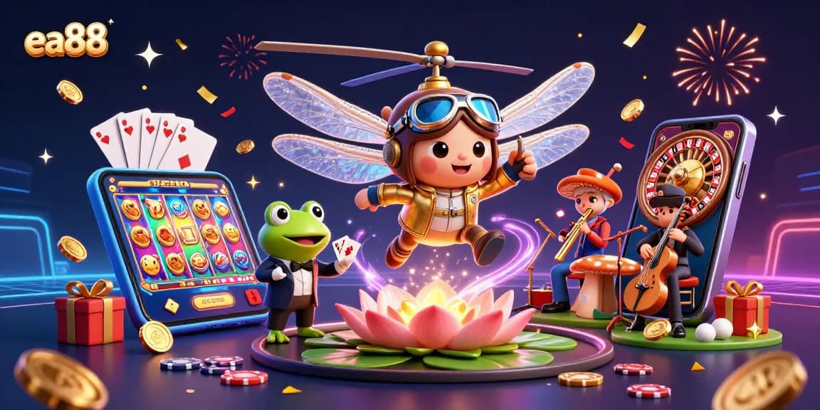 Experience the excitement of lucky slots at ea88 with a vibrant dragonfly and frog in a fun casino scene.