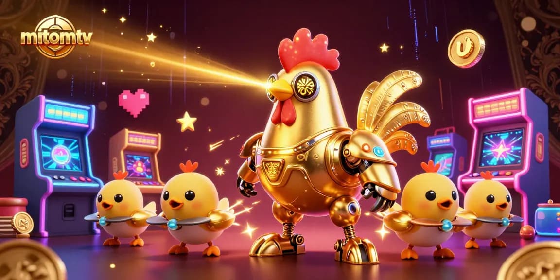 Experience dynamic gaming action with mitomtv's vibrant illustration of a golden robot and chick drones.