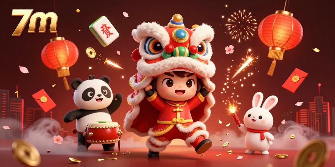 Experience thrilling gaming with 7m as characters celebrate amidst vibrant casino elements and festive decorations.