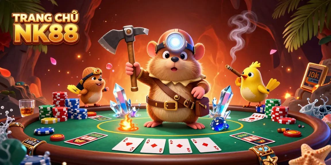 Engaging scene showcasing TRANG CHỦ NK88 with a treasure hunter mole and poker elements in a vibrant 3D setting