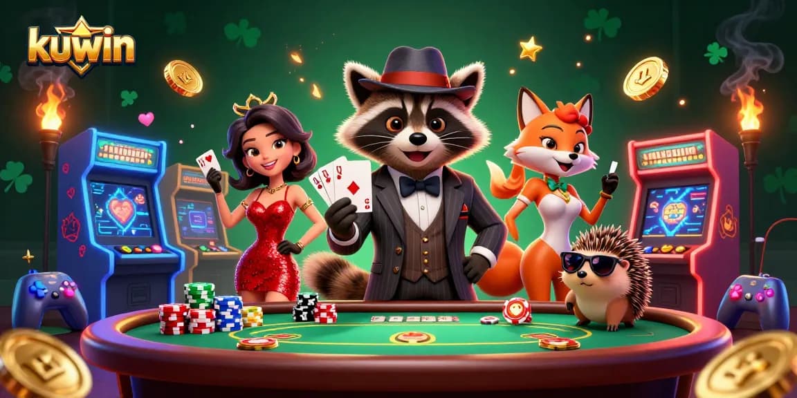 A raccoon and friends enjoy a thrilling poker night at kuwin, showcasing winning hands and vibrant gaming elements.