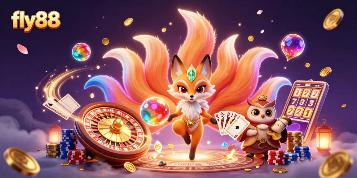 Experience fly88's vibrant gaming world with a nine-tailed fox and owl sage amidst cascading golden coins.