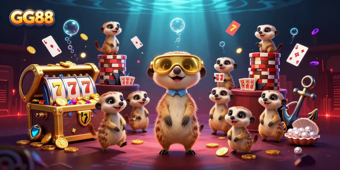 Meerkats running the GG88 casino operation, showcasing vibrant underwater themes in 3D.