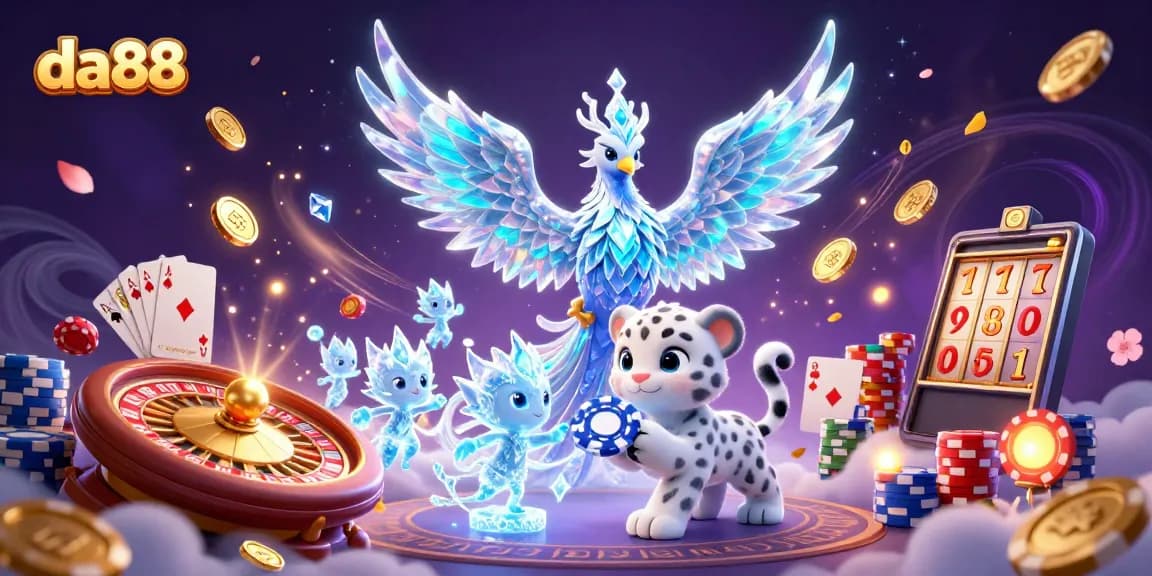 Join the exciting da88 casino scene with a lively ice phoenix and glowing sprites.